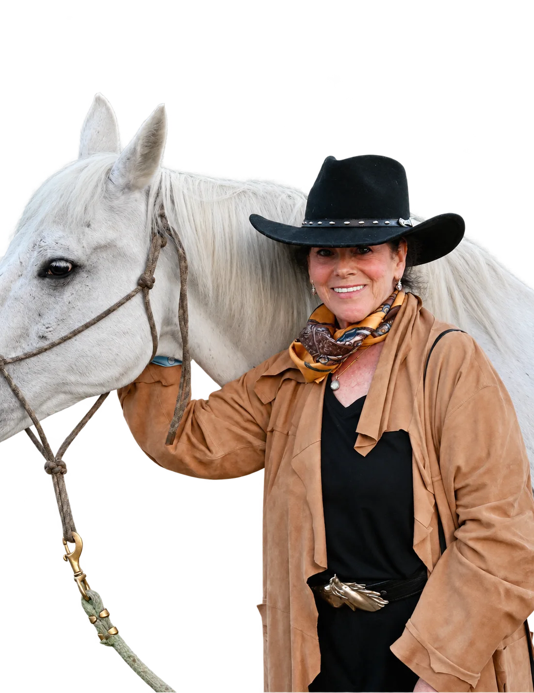 Barbara Newman in a black cowgirl hat beside a white horse, with the portrait background removed